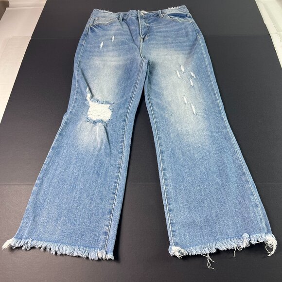 Risen Jeans Women 32x25* High Rise Flare Crop Light Blue Distressed Denim Tag 32 - Picture 1 of 16